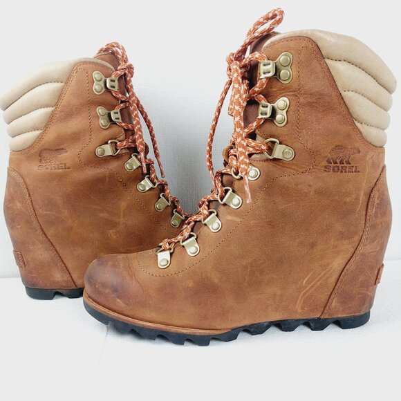 Sorel Women's Brown Conquest Lace Wedge Leather Classic Ankle Bootie Size 8.5 - Picture 3 of 11